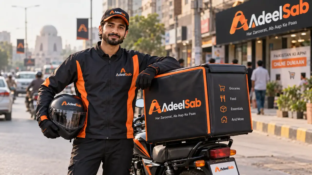 An AdeelSab Couriers rider in uniform standing beside his delivery motorbike