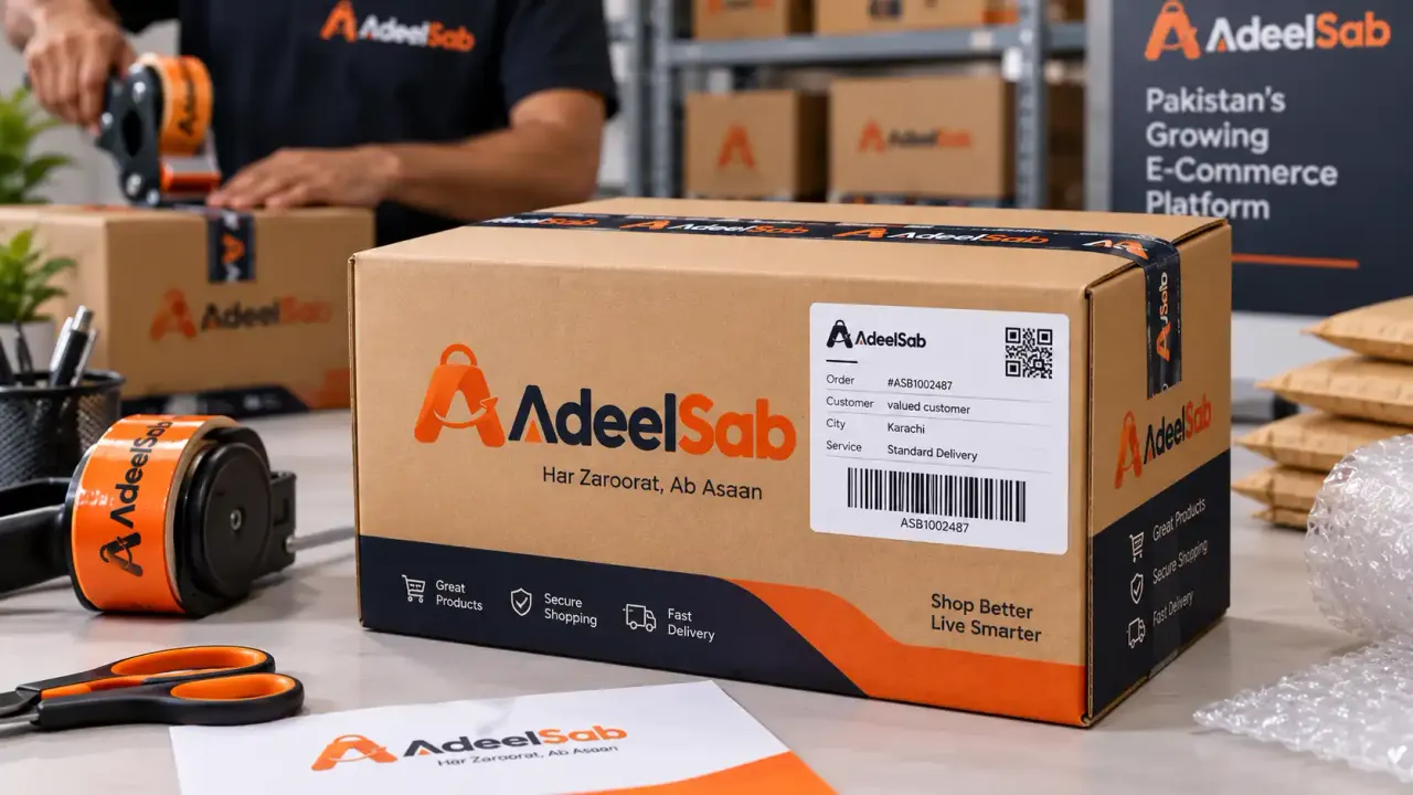 AdeelSab branded parcels, packing tape and a shipping label on a packing table